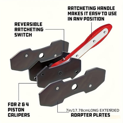 Brake Caliper Piston Compression Tool 360° Swing Ratchet – Single Dual 4-Piston Fixed Floating Disc Brake Calipers, Alloy Steel, 2 Spacers