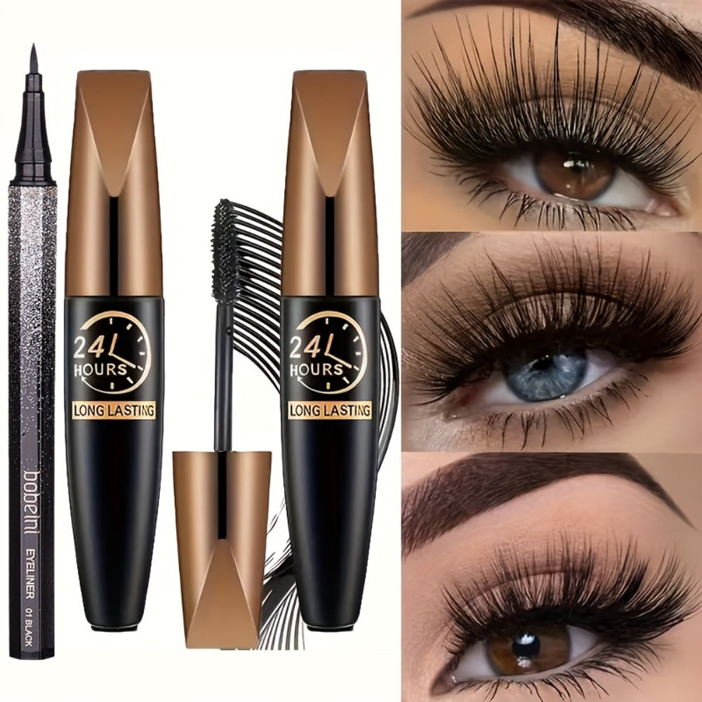 8D Fiber Mascara Set 2 Pcs Volumizing Lengthening Smudge-Proof Waterproof Lash Extension, for Makeup, Travel and Everyday Vanity Use