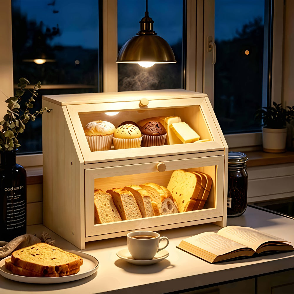 Bread Box for Kitchen Countertop, Large Bread Storage Container with Transparent Window, Multi-Layer Design for Loaves