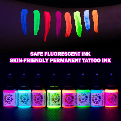 Tattoo Ink 8-Color UV Fluorescent Bottle Set with Violet and Neon Shades Across the with Item-Specific Color, Capacity and Bottle