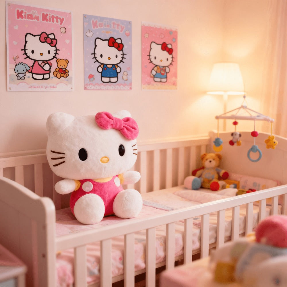 Plush Toy Bow-Wearing Cat Character Doll with Red, Pink or Blue Color Options and Soft Fabric