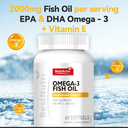 Omega-3 Fish Oil 2000mg Softgels with EPA & DHA, Cold-Extracted CGMP, Brain Vitality Heart Health Anti-Inflammatory Support