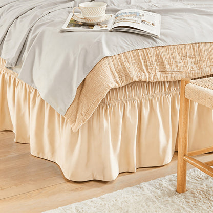 Bed Skirt Elastic Wrap Around Ruffle – 15 Inch Drop Microfiber Dust Ruffle, Adjustable No-Lift Fit, Fade Resistant Machine Washable