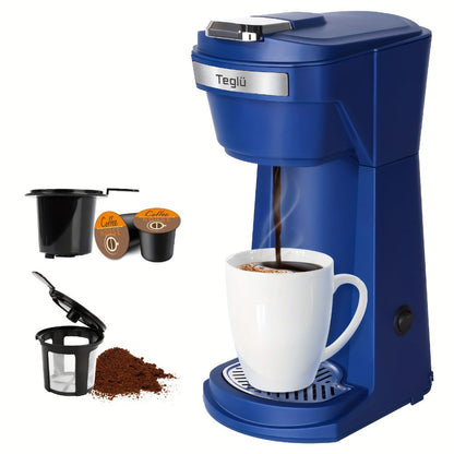 Single-Serve Coffee Maker for Pods or Grounds with 6-14oz Fill Labels, One-Button Control and Four Colors