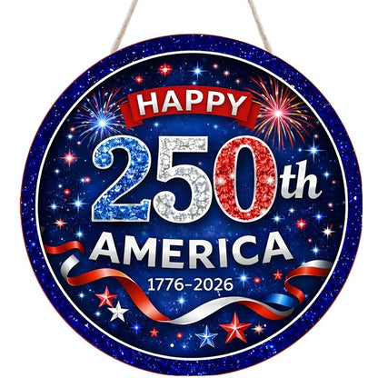 Patriotic Wooden Door Sign 250th Anniversary 1776-2026 Retro Round Wreath 4th of July Independence Day Hanging Decoration Home Porch Outdoor