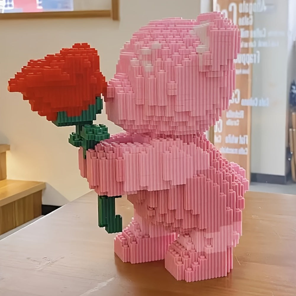 Rose Bear Building Blocks Set 4051 Pieces – Romantic Bear Holding Rose Brick Model Kit High-Difficulty Display Build