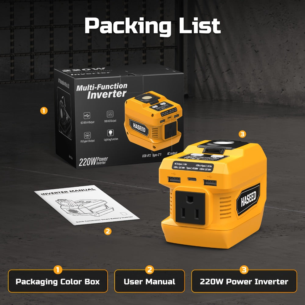 Portable Power Inverter 200W – DeWalt 20V Battery Compatible, DC to AC 110V, 2 USB + Type-C Fast Charging, 400LM Work Light, for Car