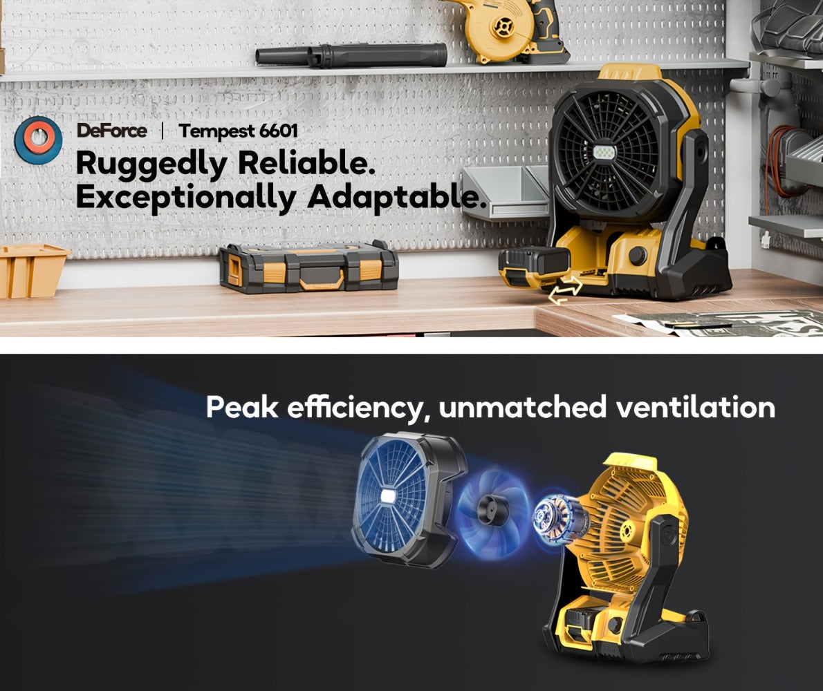 Cordless Jobsite Fan Compatible with DeWalt 20V Max Battery, LED Light Auto Oscillating 180° Tilt Adjustable Speed