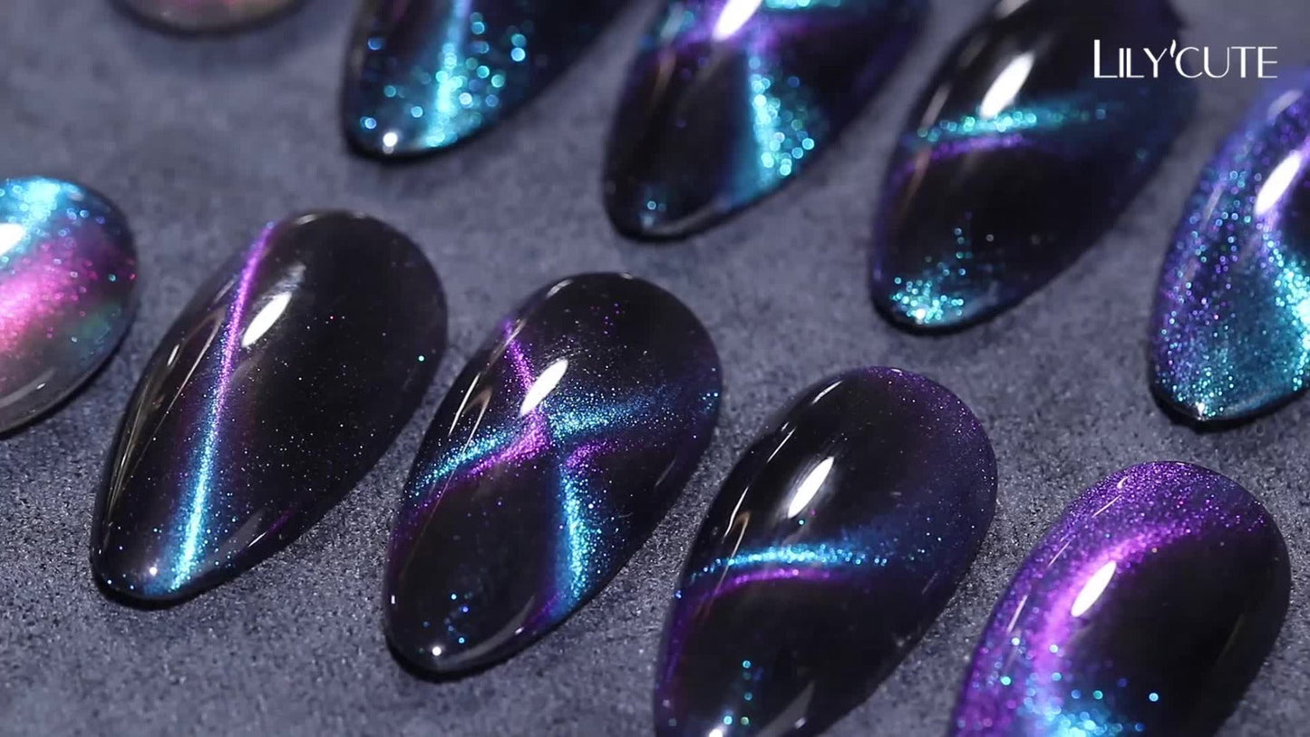 Gel Nail Polish 8-Piece Aurora Magnetic Cat-Eye Set with Black-Crystal Glitter and 3D Light-Shifting Finish for UV/LED Cure