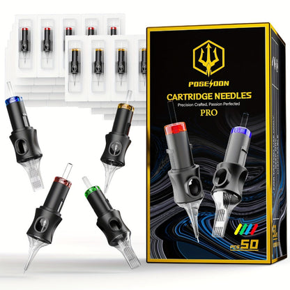 Tattoo Cartridge Needles with POSEIDON V5 Label, 50-Piece Mixed or Round Liner Pack Options