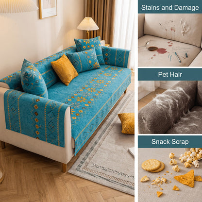 Sofa Cover, One-Piece Chenille Bohemian Pattern Couch Pad in White or Green for Two to Four Seats