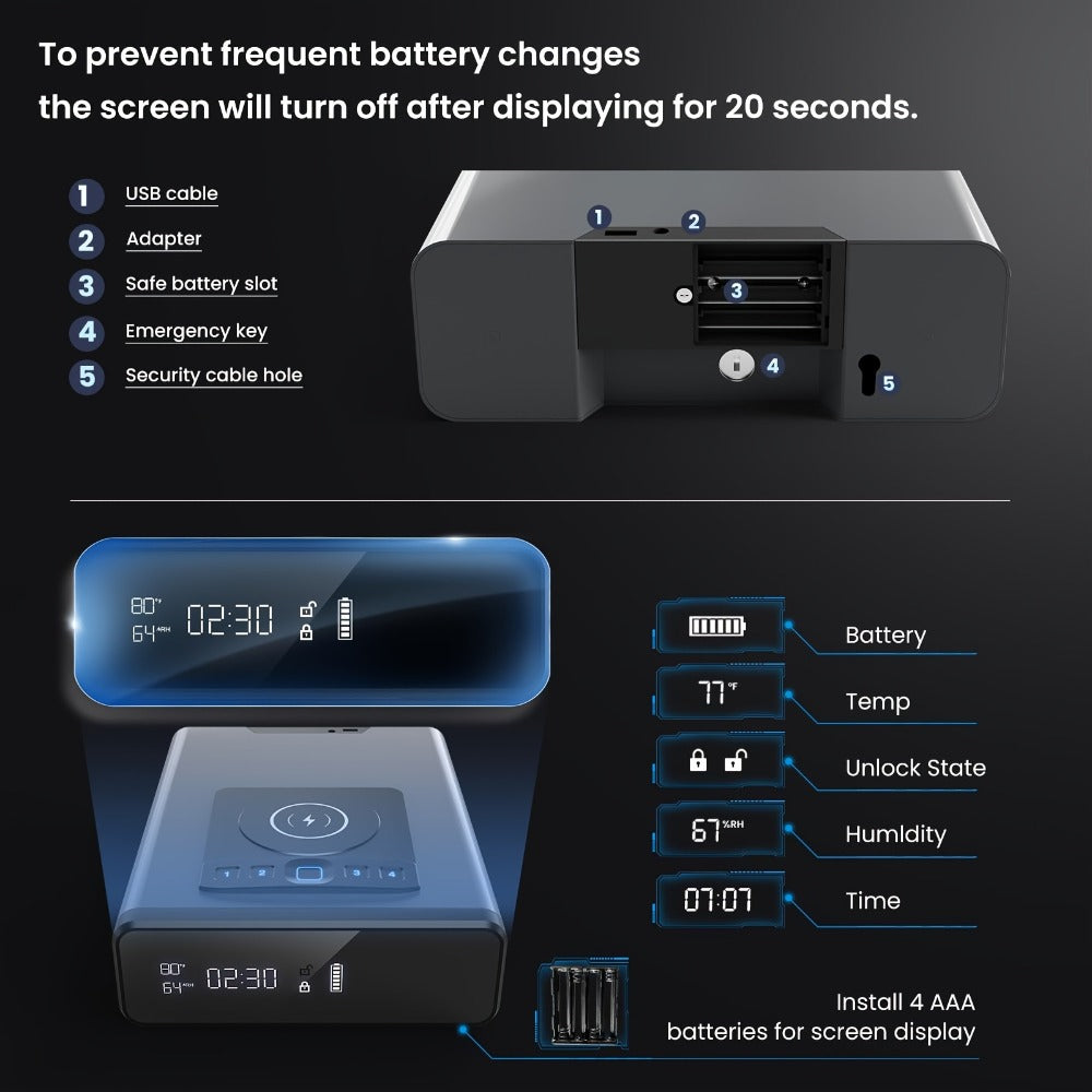 Biometric Gun Safe with Fingerprint Lock LED Clock and Wireless Charging DOJ Pistol Safe for Entryways, Bedrooms and Living Spaces