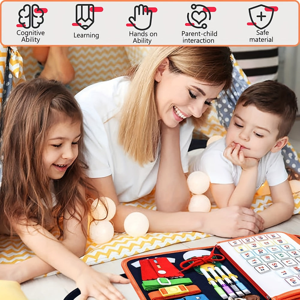 Montessori Busy Board for Toddlers Ages 1 2 3 4, Sensory Activity Learning Toy with Zipper Buckle Button Lace Snap