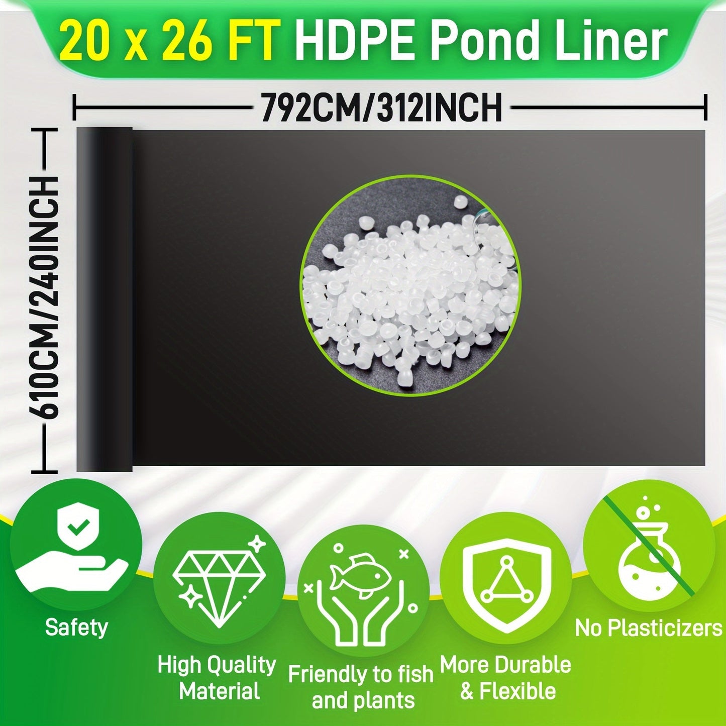 Black HDPE Pond Liner in Six Sizes from 7 x 10 to 20 x 26 Feet for Fish Ponds and Water Gardens