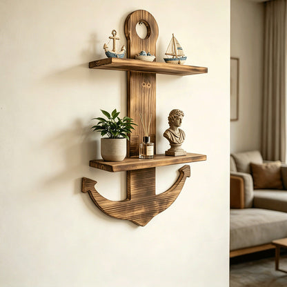 Floating Wall Shelves Solid Wood 2-Tier Nautical Anchor Shelf Handcrafted Heavy Duty Wall Mounted Organizer for Bedroom Living Room Bathroom