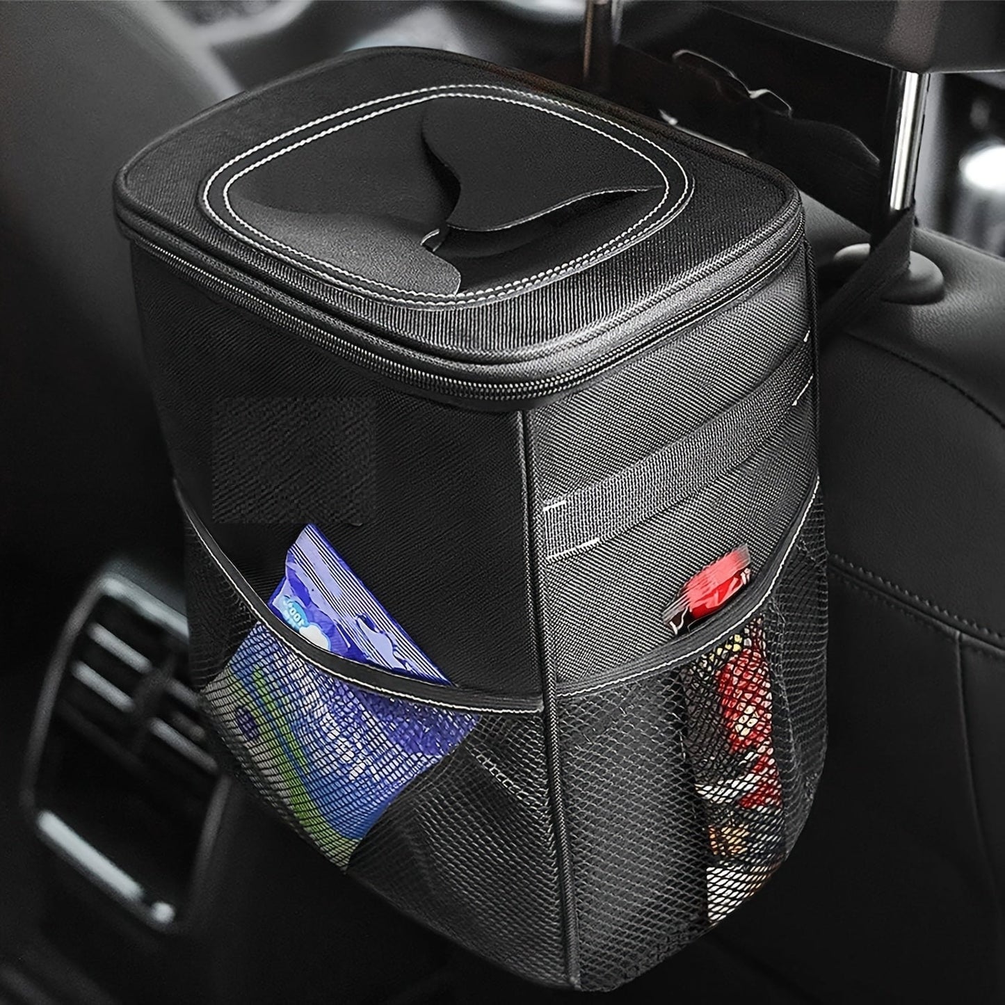Structured Car Trash Bin with Lid, Silver-Tone Lining, Magnetic Buckles and Three Mesh Pockets