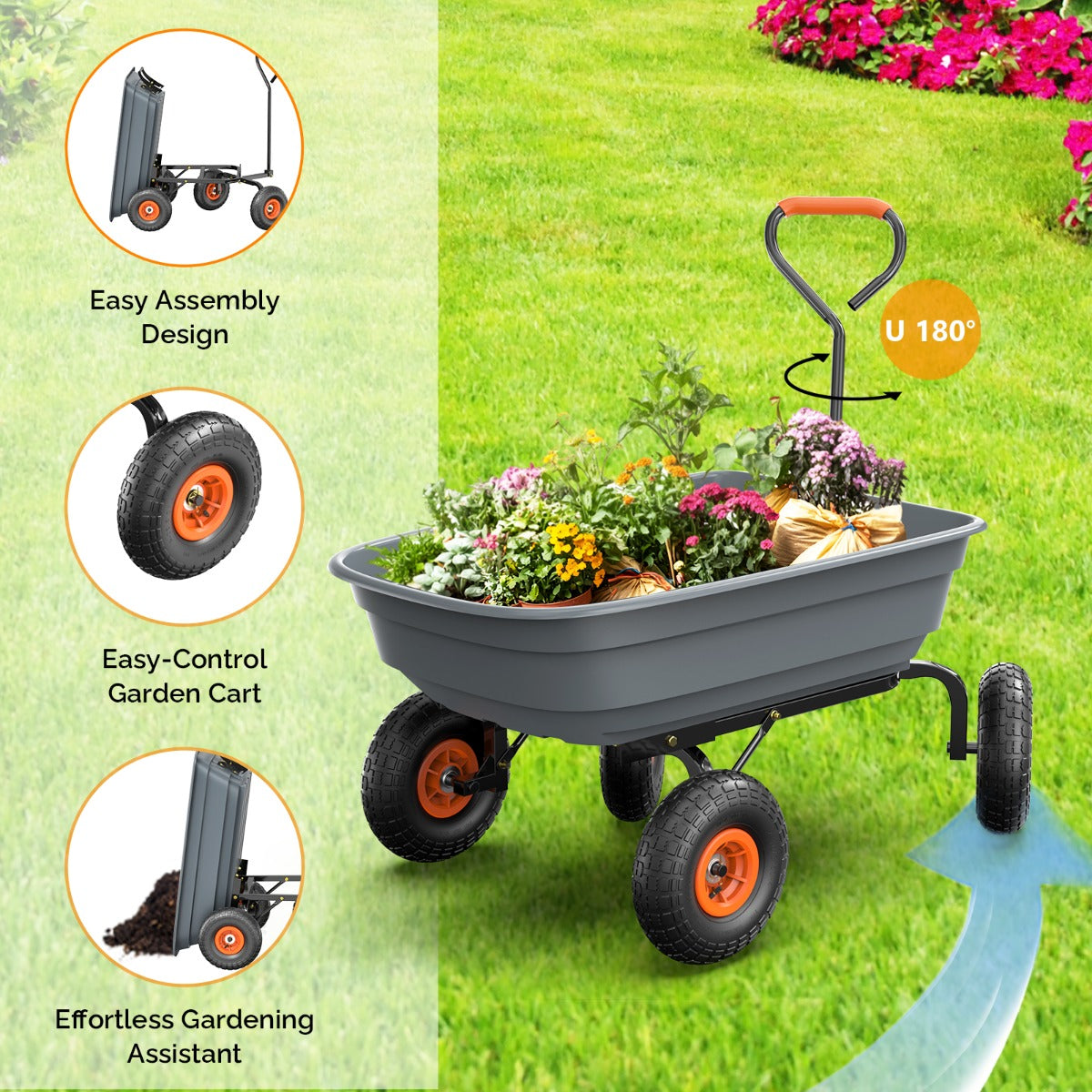 Garden Cart Dump Wagon, 4-Wheel Poly Cargo Cart with 2-in-1 Handle for Garden, Farm, Lawn and Yard Hauling