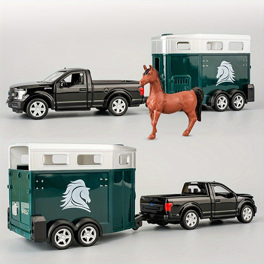 RMZCity 1:36 Scale Zinc Alloy Pull Back Car with Horse Trailer & Horse Vehicle, Openable Doors Diecast Toy Set for Kids & Adults