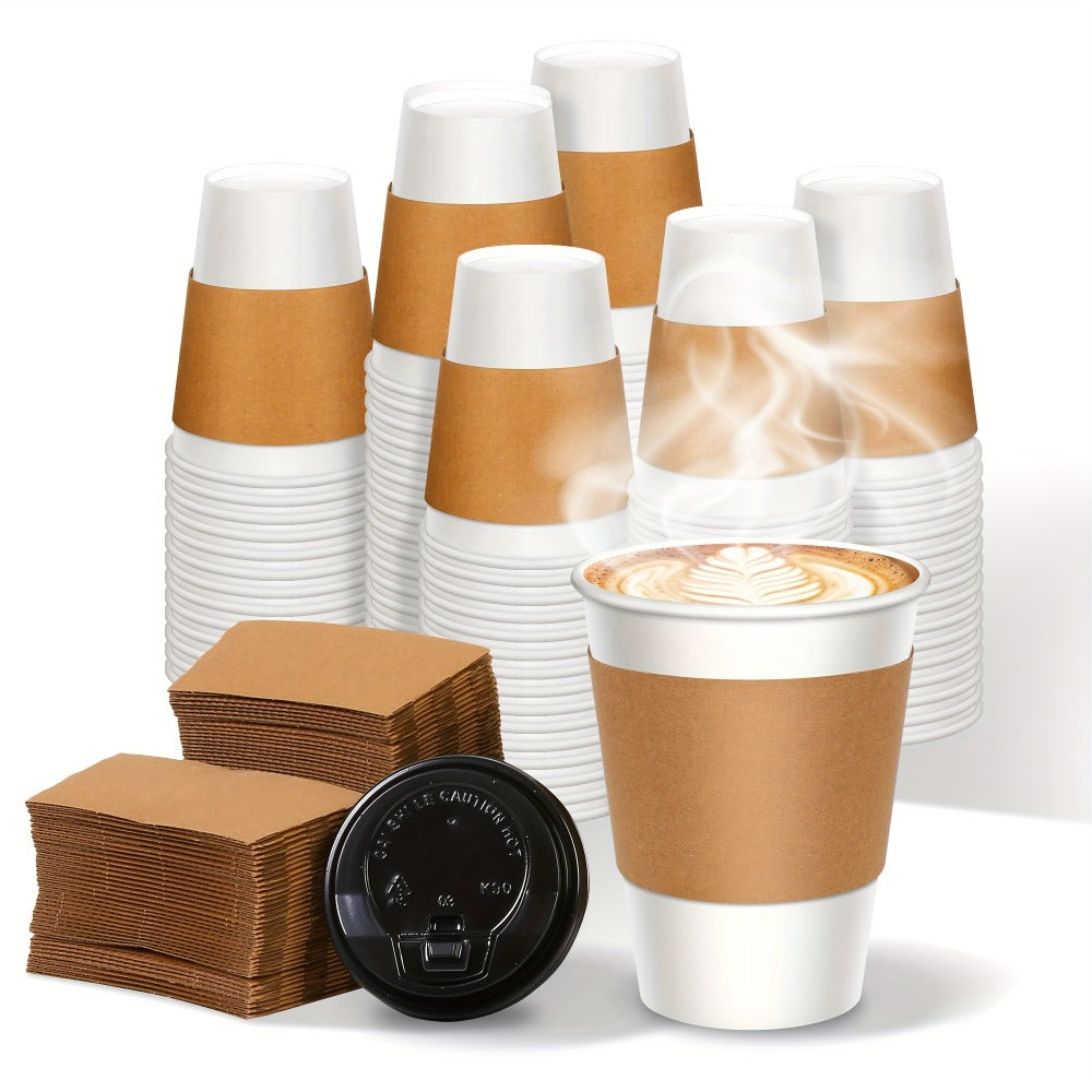 Disposable Paper Coffee Cups with Lids and Sleeves 12oz, Leak-Proof To-Go Hot Coffee Cups with Insulated Sleeve for Home