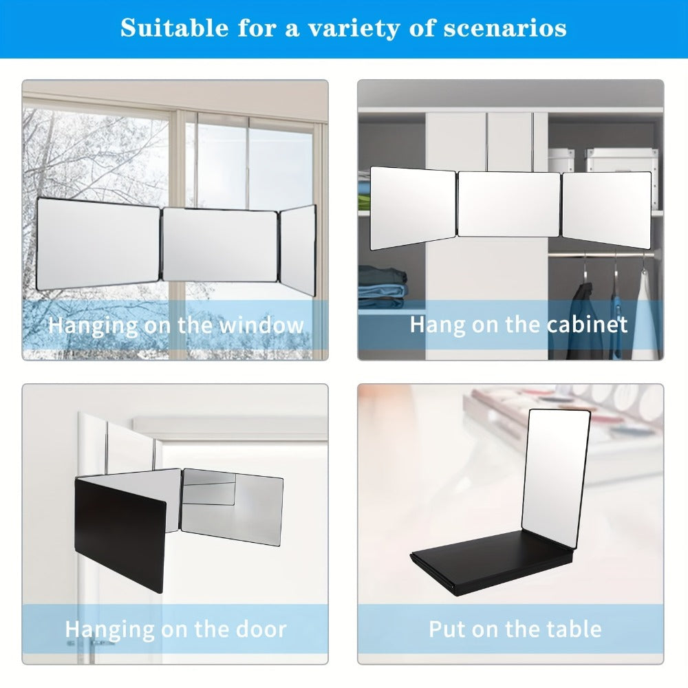 3 Way Mirror for Self Hair Cutting, 360° View Hair Cut Mirror to See Back of Head Height-Adjustable Hook Door Wall Table Mount Anti-Fog HD