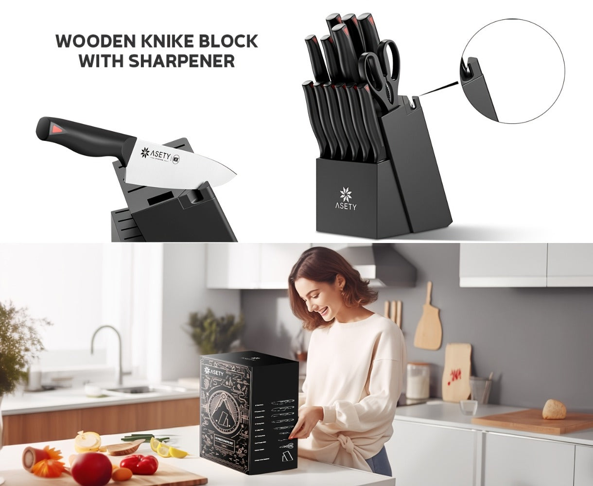 Kitchen Knife Set by ASETY, 15-Piece Stainless Steel Block Set with PP Handles in Two Finish Options