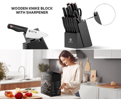 Kitchen Knife Set by ASETY, 15-Piece Stainless Steel Block Set with PP Handles in Two Finish Options