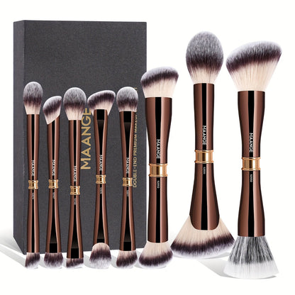Makeup Brush Set, 8-Piece Double-Ended Collection with 16 Brush Heads, Aluminum Alloy Handles and Storage Box
