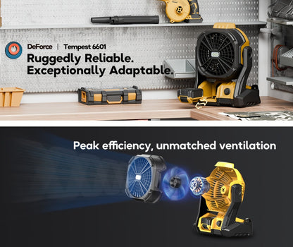 Yellow Cordless Work Fan for Select DeWalt 20V Max Batteries with LED Light, Hanging Hook and Adjustable Tilt, Battery Not Included