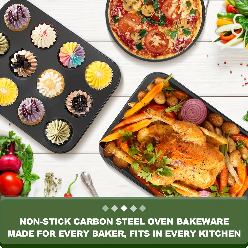 Baking Pan Set Nonstick Carbon Steel Cookie Sheets Roasting Pans Round Cake Muffin Pizza for Home Cooking, Dining and Outdoor Meals