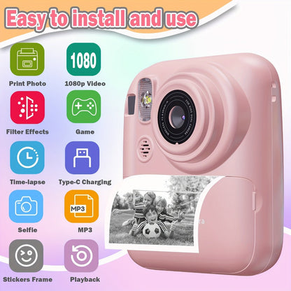 Instant Print Digital Camera for Kids Ages 3-12, 1080P, 2.4" Screen, 3 Rolls Print Paper & 32GB Card Included
