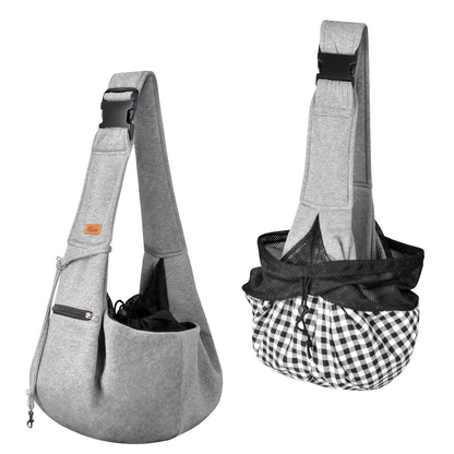 Adjustable Pet Sling Carrier Bag in Black, Gray or Blue with Wide Shoulder Strap and Gingham Interior