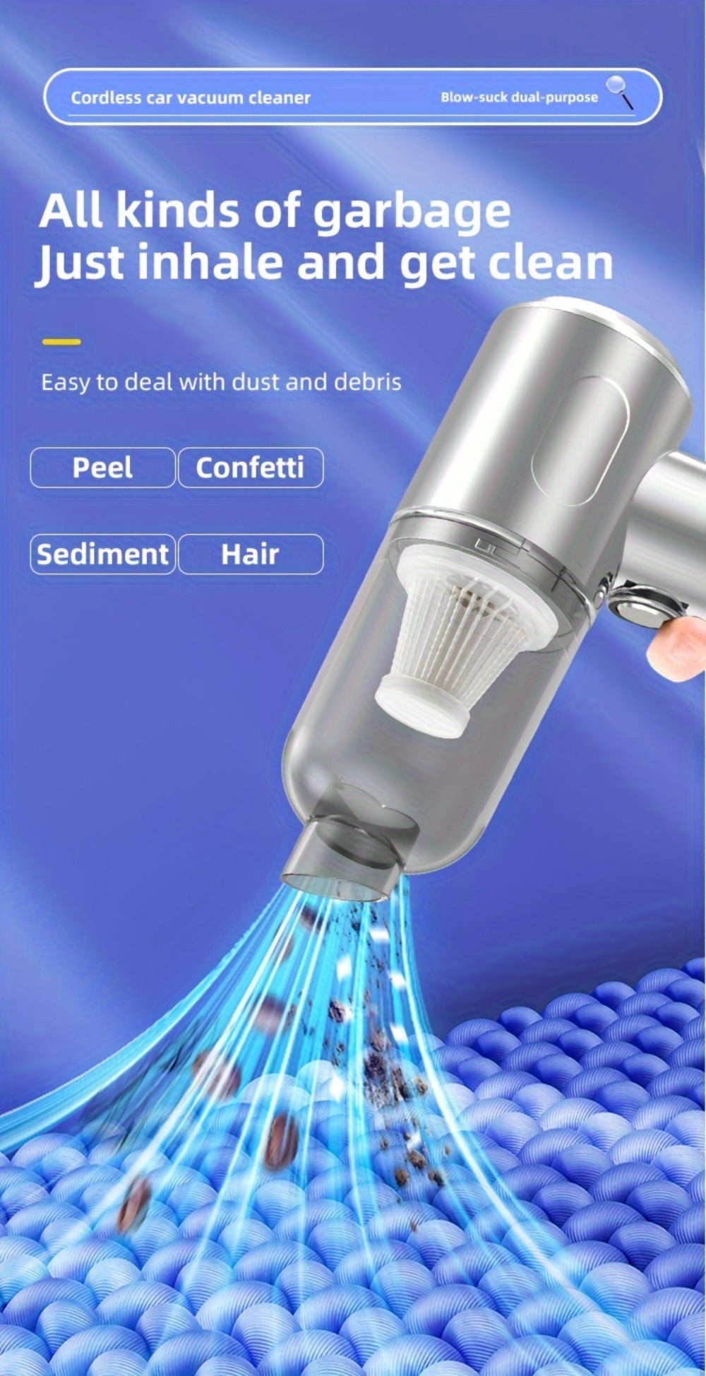 Handheld Vacuum Cleaner with Cordless T-Handle Design, Wet Pickup, Three Nozzles and USB Charging