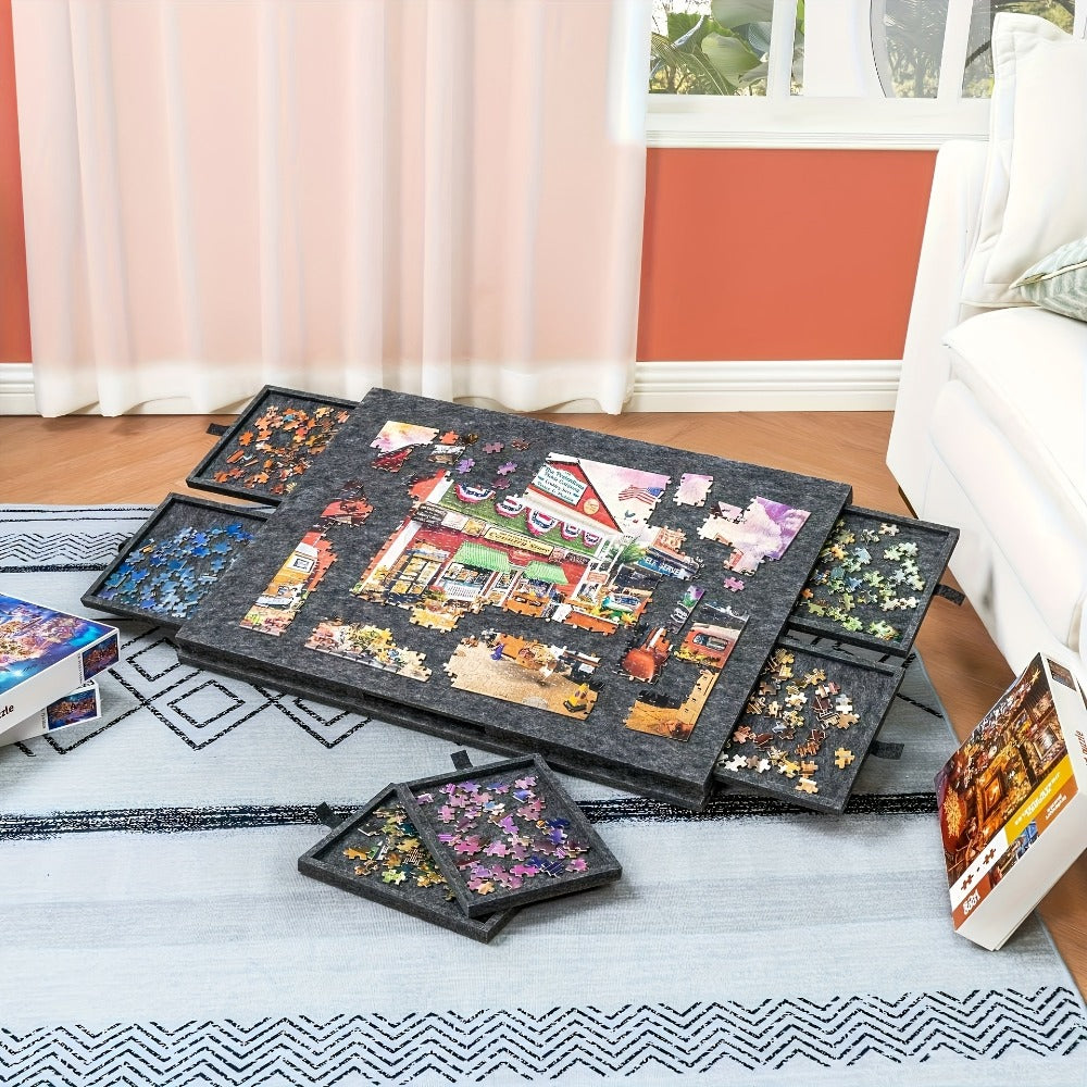 Felt Jigsaw Puzzle Board with 6 Storage Drawers, Portable Puzzle Table Adjustable Tilt Stand, 2-in-1 Cover