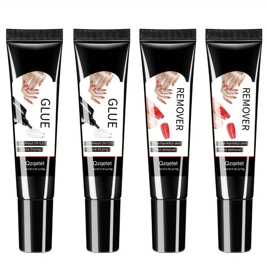 Press-On Nail Glue & Remover Kit 4pcs – 2x Semi-Solid Gel Nail Glue 10g + 2x Nail Polish Remover 10ml, Quick-Drying No-Lamp Strong Bond