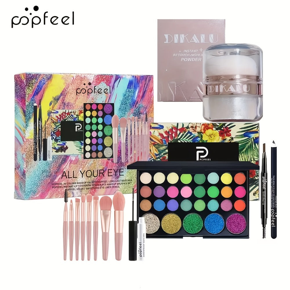Makeup Gift Set POPFEEL 29-Color Eyeshadow Palette + Mascara + Eyeliner + Brow Pencil + Highlighter Powder + 7-Piece Brush Set | Complete