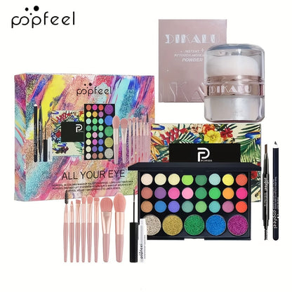 Makeup Gift Set POPFEEL 29-Color Eyeshadow Palette + Mascara + Eyeliner + Brow Pencil + Highlighter Powder + 7-Piece Brush Set | Complete