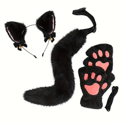 Cat Costume Set 3 Piece, Bell Ear Headband, Plush Paw Gloves & Adjustable Tail for Halloween, Cosplay