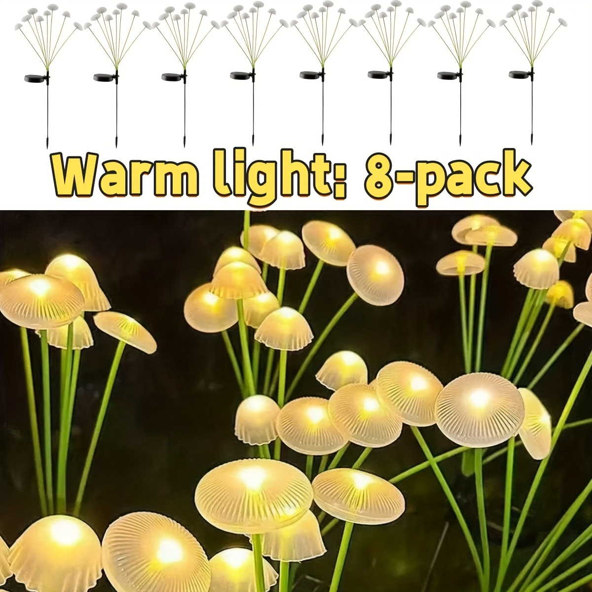 Solar Garden Lights IP65 Mushroom Path Stakes with Warm White 32-LED 4-Pack or 64-LED 8-Pack