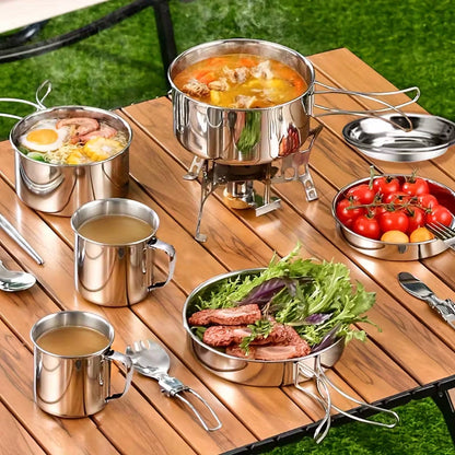 Camping Tableware Set 8 Piece Stainless Steel – Portable Outdoor Dining Set with Foldable Handle Plates, Cups & Utensils | Lightweight