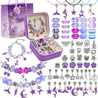 Bracelet Making Craft Kit with Portable Jewelry Box, Beads and Charms in Seven Color or Theme Options