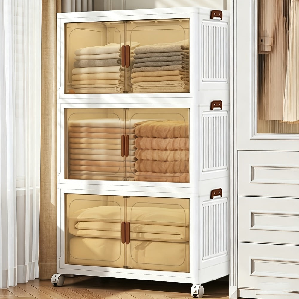 Foldable Storage Cabinet with Door, Multi-Layer Stackable Storage Box for Shoes, Clothes & Books