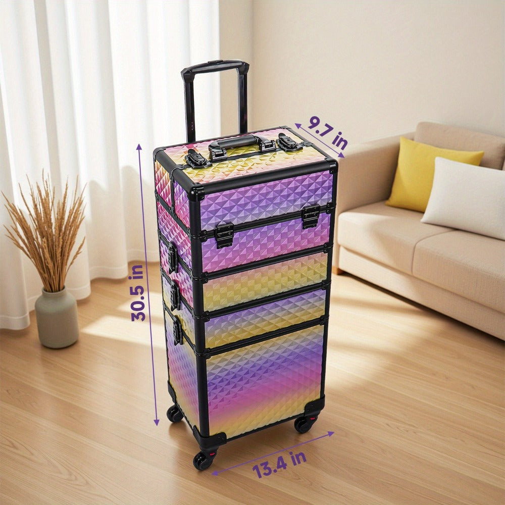 Rolling Makeup Train Case 4-in-1 Large Portable Cosmetic Trolley with 360 Degree Swivel Wheels Beauty Sponge Included Professional Salon