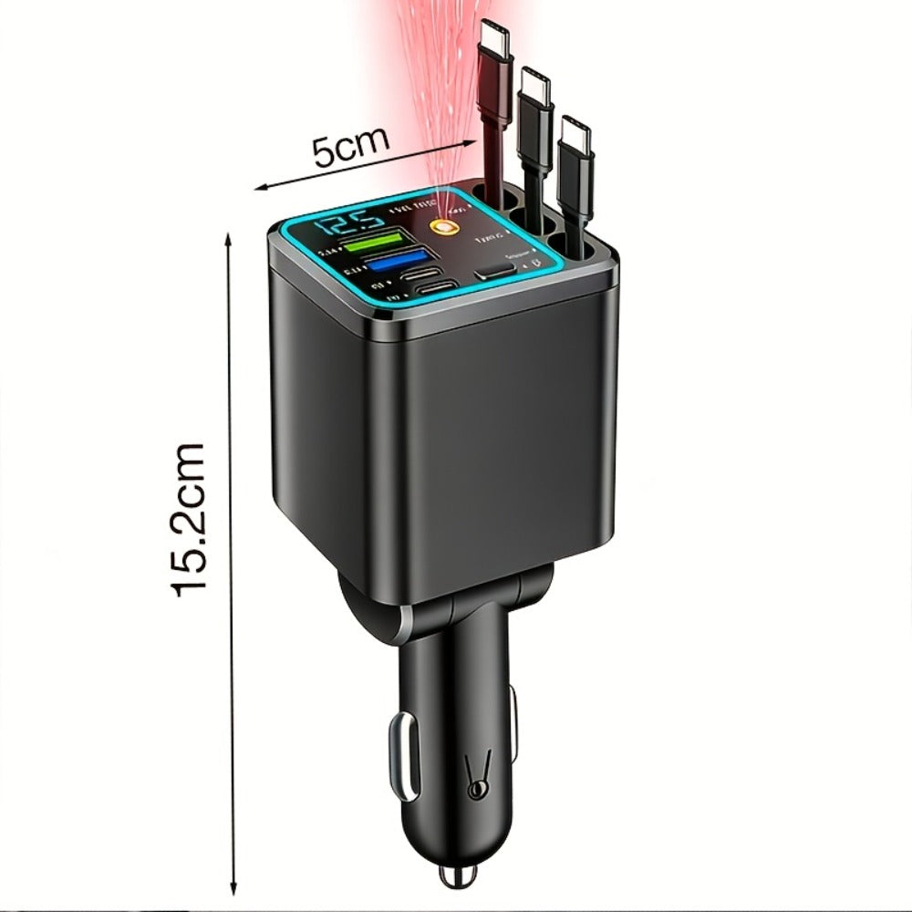 Car Charger 7-in-1 Fast Charging Hub – 3 Retractable Cables, 180° Adjustable, LED Display, USB Multi-Port for iPhone Android