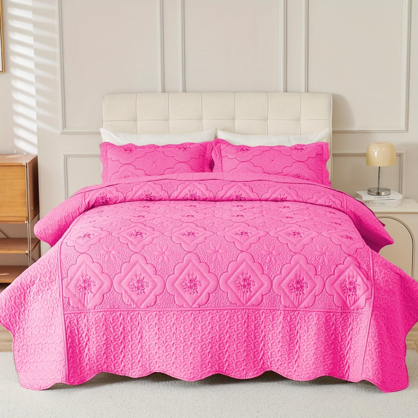 Quilt Set 3 Piece Floral Embroidery Bedspread – 100% Polyester Wrinkle Resistant Lightweight Quilted Coverlet with 2 Pillow Shams for Full