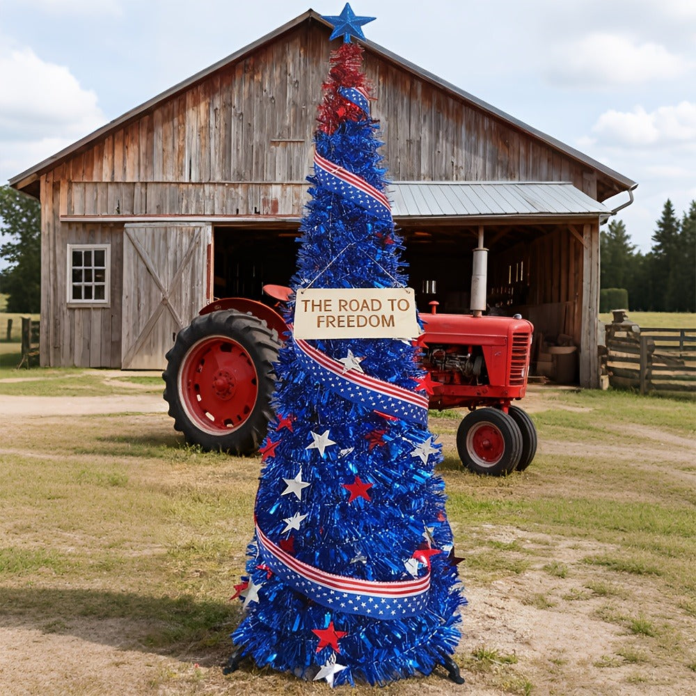 4th of July Decorative Tree 5ft LED Light, Foldable Patriotic Stars & Stripes Blue Christmas Tree with Red White Blue LED String Lights