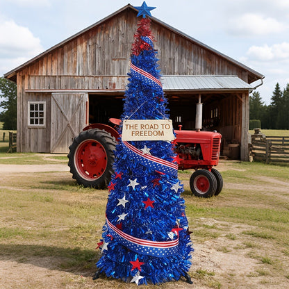 4th of July Decorative Tree 5ft LED Light, Foldable Patriotic Stars & Stripes Blue Christmas Tree with Red White Blue LED String Lights