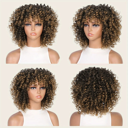 Synthetic Wig 14-Inch Kinky Curly Afro with Bangs, 180% Density and Stretch Net Cap for Daily Style