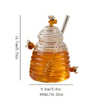 480ml Beehive-Shaped Glass Storage Jar with Honeycomb Accents, Matching Lid and Spiral-Ended Stirrer