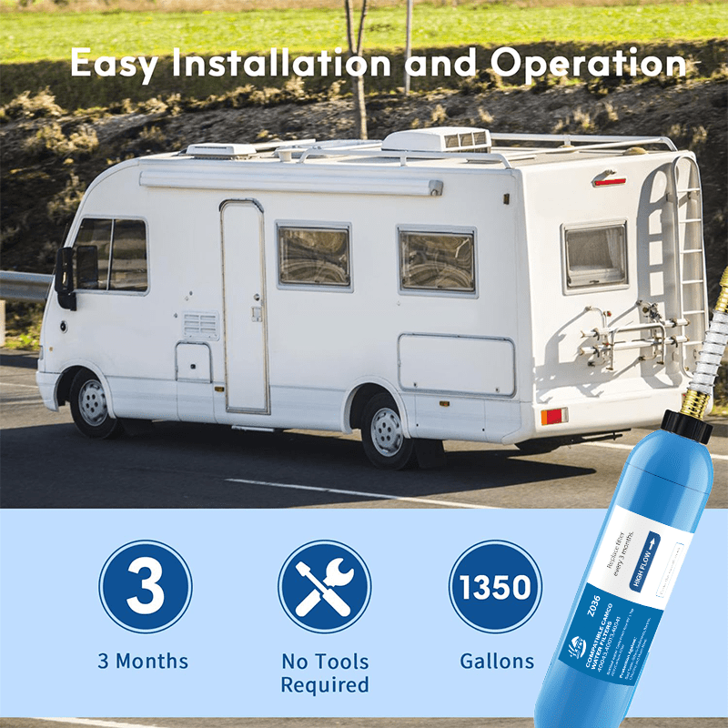 RV Water Filter with Flexible Hose Protector – Inline Hose Filter, Reduces Chlorine, Odors & Sediment, BPA-Free, for RV, Camper, Boat