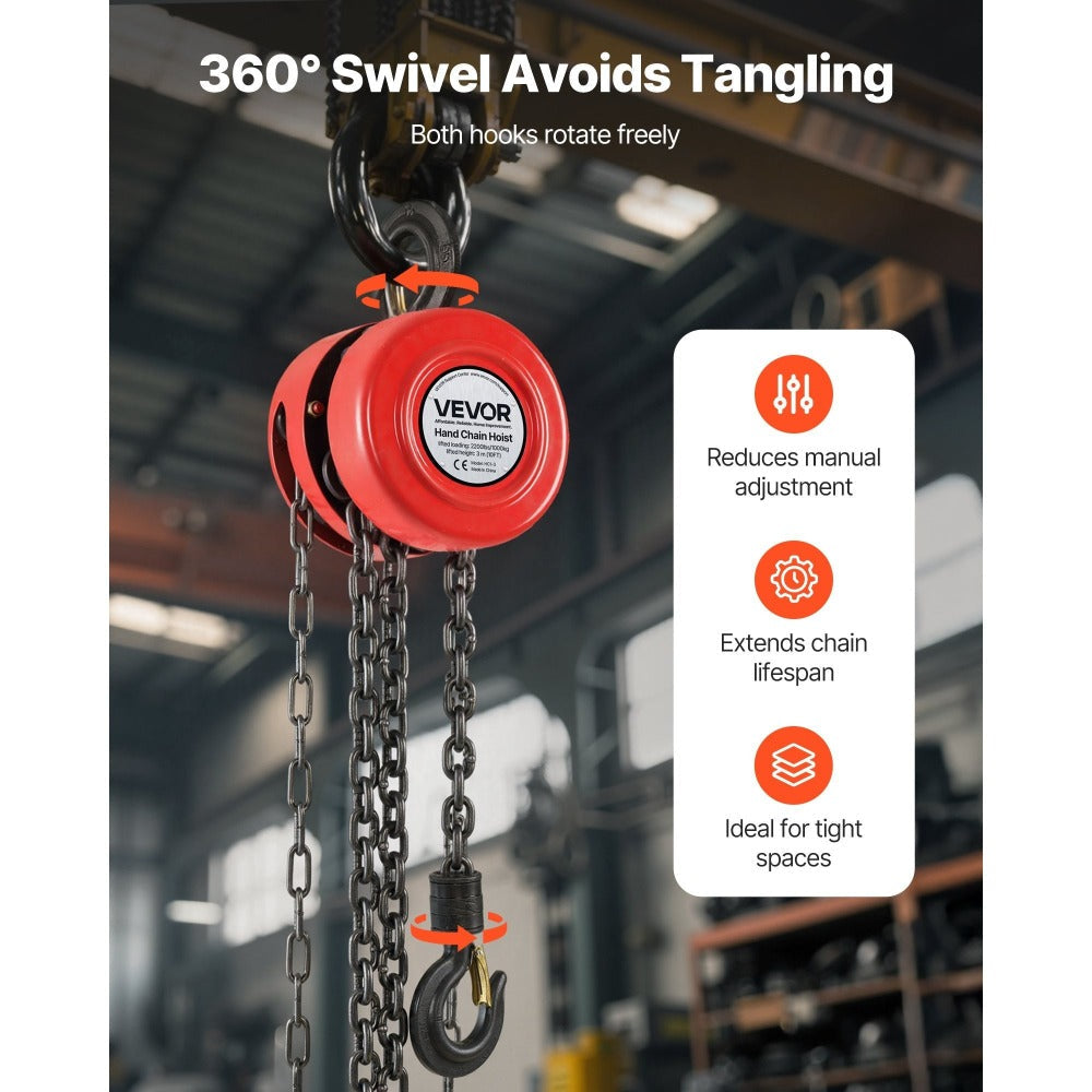 Hand Chain Hoist / Manual Chain Block with G70 Chain, 8 ft / 10 ft / 20 ft Lift Height, 360° Rotating Hooks